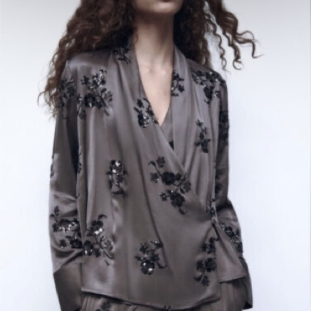 ZARA women's gray Sequin embroidered wrap blouse